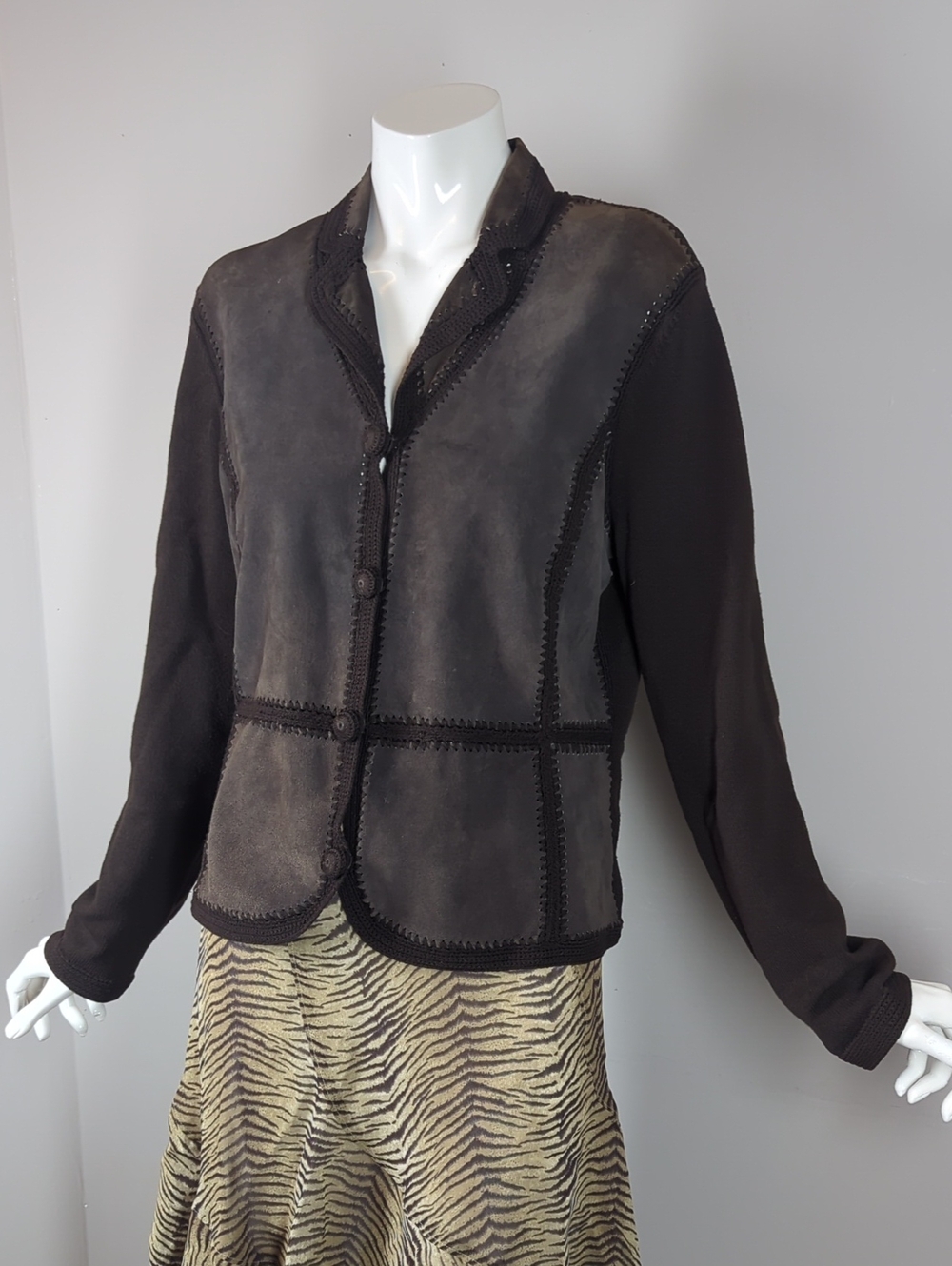 Jones New York Brown Suede-Panel Button Blazer Cardigan Fall Vintage Small